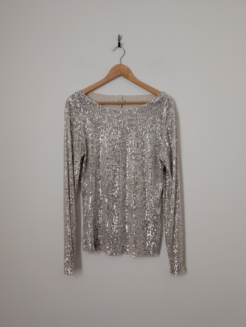 Intimately Free People Silver Sequin Sparkle Long Sleeve Gold Rush Boatneck Top - Picture 2 of 6